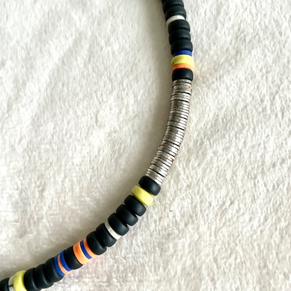 Beaded Necklace/w Black, White, Yellow, Orange, Blue, and Metal Beads - Picture 3 of 13